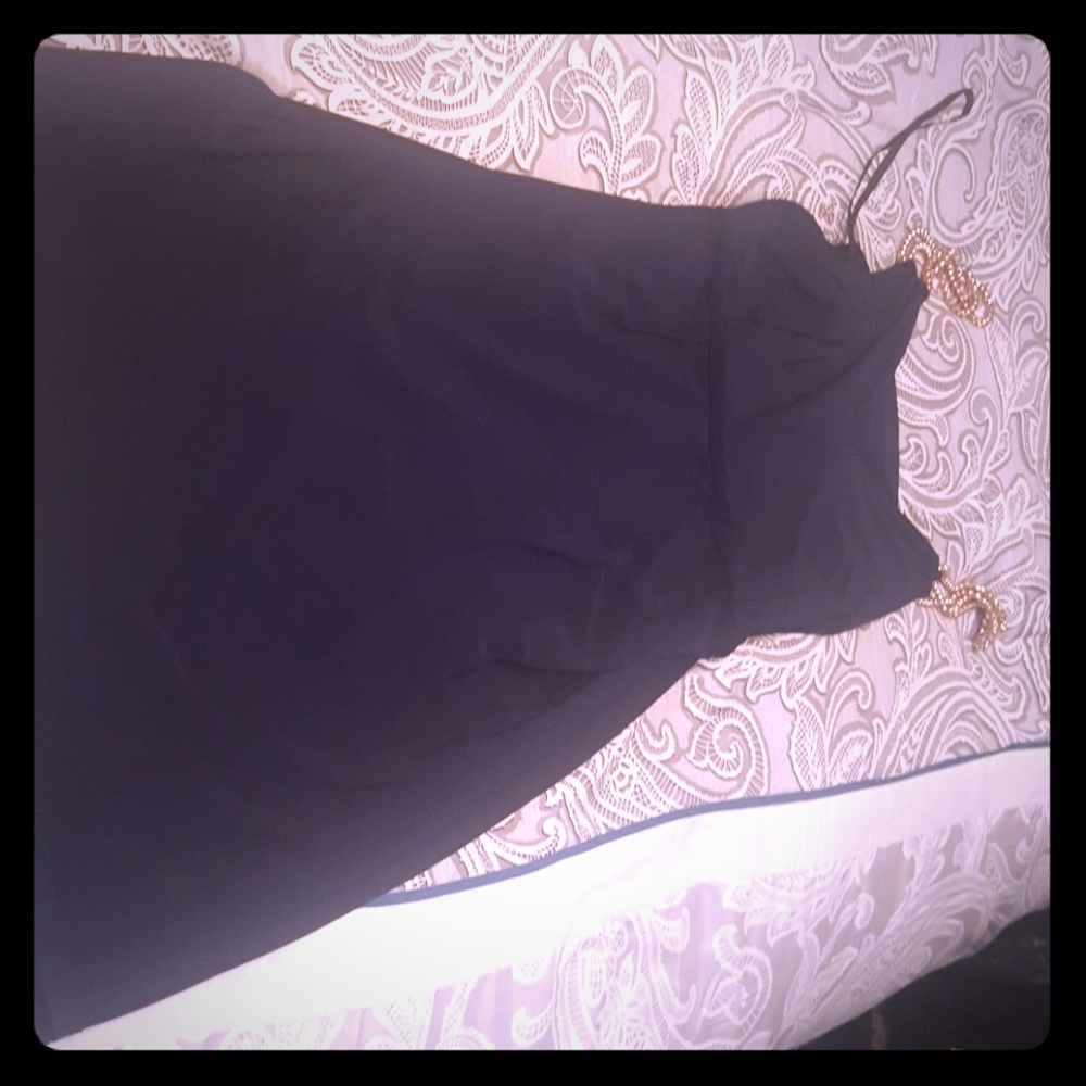 Navy blue dress with gold straps